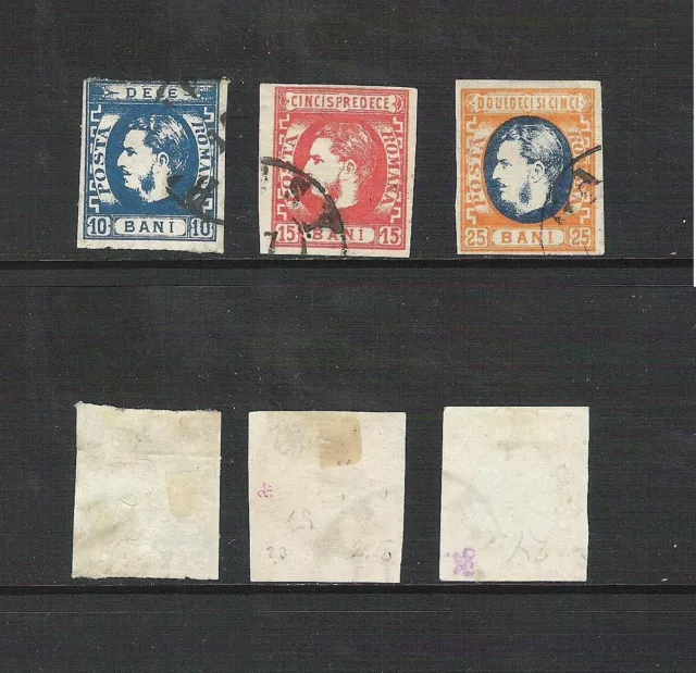 ROM11 Romania 1869 used trio, 10b, 15b, 25b Cat £123, see scans & description.