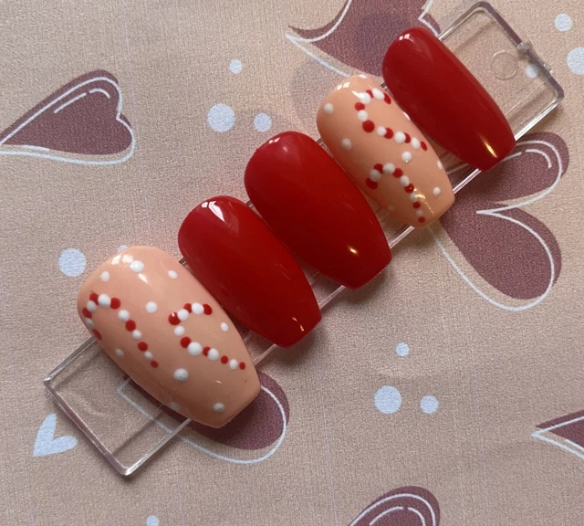 Maßgeschneiderte handbemalte Presse auf Nägel - weihnachtsrot/rosa Süßigkeitenstock