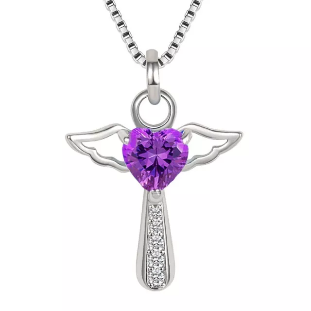 Crystal Heart Angel Cross Pendant Necklace 925 Sterling Sliver Women Girls Gift