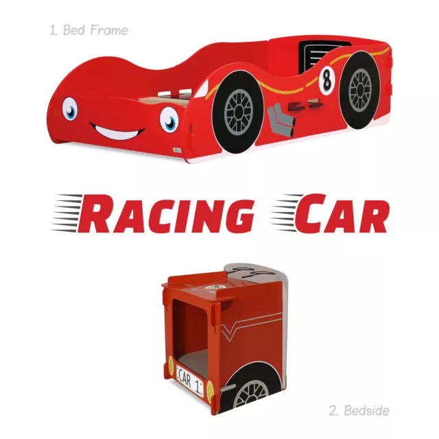 Racing Car Themed Toddler Bed Frame Bedside Unit Storage Red F1 Cot Size 70 140