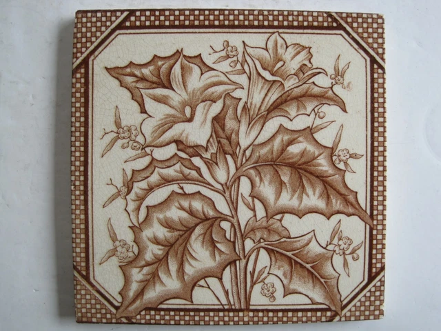 ANTIQUE VICTORIAN 6" BROWN ON CREAM FLORAL TRANSFER PRINT WALL TILE - No.12
