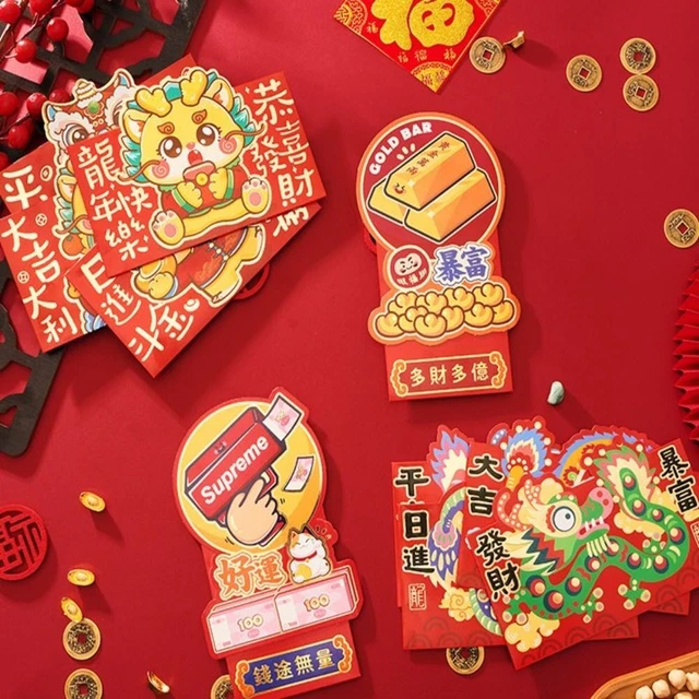 4/6PCS 2024 RED Pocket Envelope Chinese Dragon Year Lucky Bags for