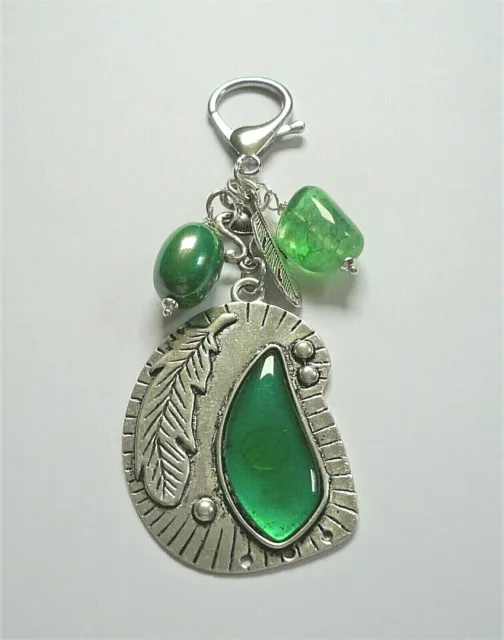 Large FEATHER BAG CHARM  Green Crackle Glass and Acrylic Silver  KCJ4112