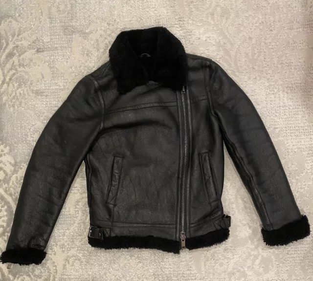 Rare Reiss Shearling Sheepskin Leather Black Jacket Size 6 2