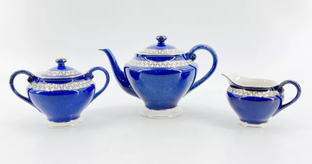 Antique Nikko Ironstone Cobalt Blue Double Phoenix Teapot Creamer Sugar Japan