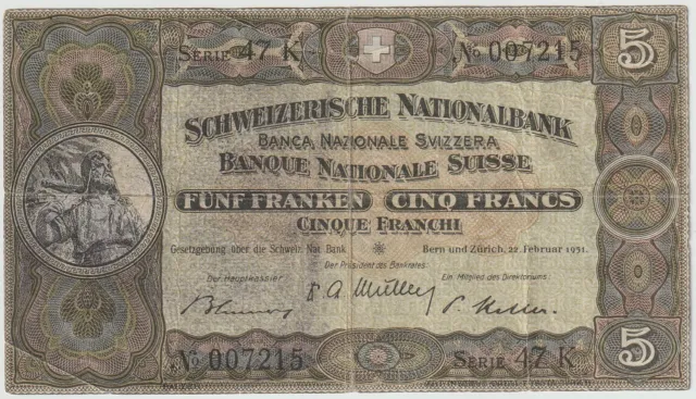 Switzerland 5 Francs Banknote 1951 Very Fine Condition Pick#11-O"William Tell"