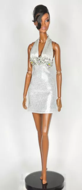 Handmade Silver Designer Party Dress for Barbie Model Muse body.