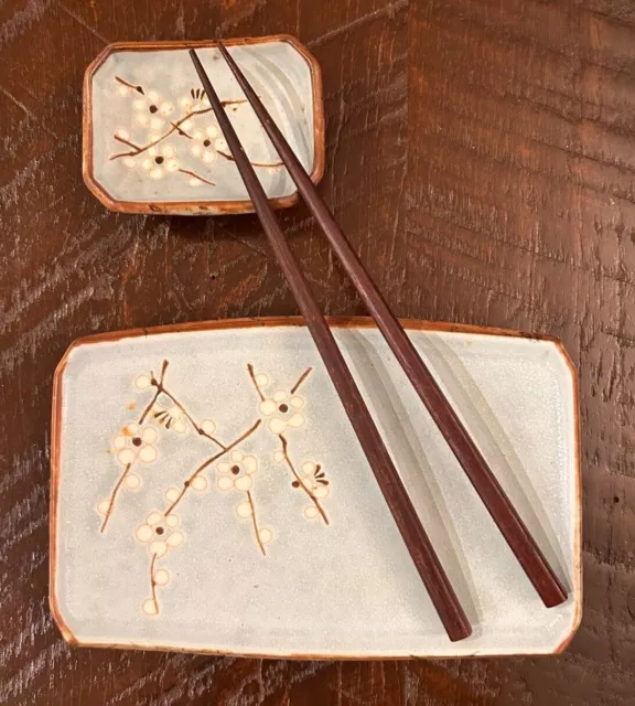 Sushi Set Blue Stoneware Cherry Blossom design & chopsticks-boxed-Kafuh Japan