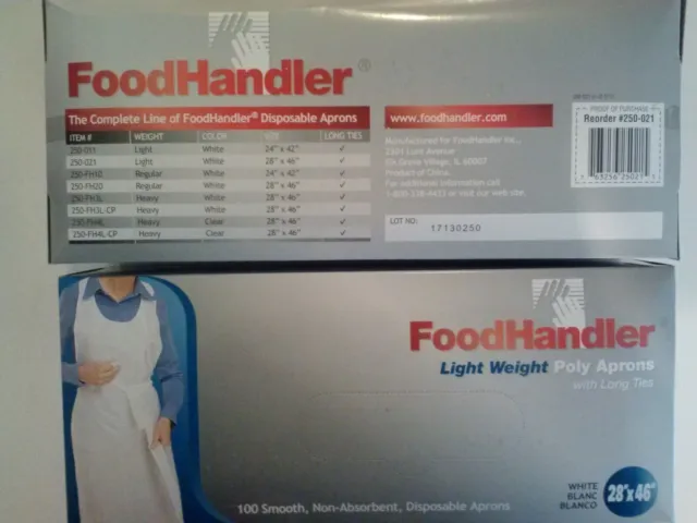 New FoodHandler Light Weight Poly Aprons w/ Long Ties 28"x46" White 2 Boxes