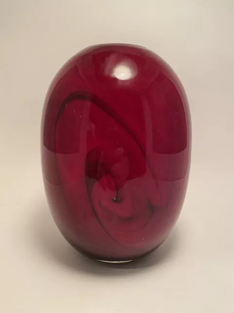 Art Glass Vase Hand Blown Deep Red With Black Swirls White Lining