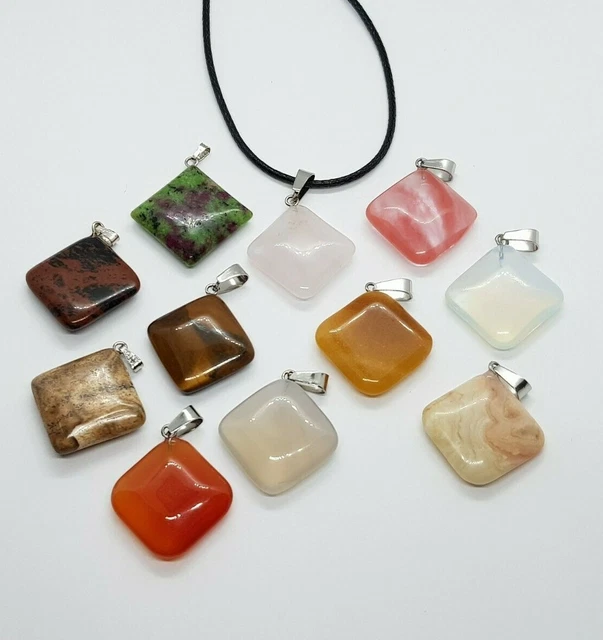 Square Quartz Healing Stone Pendant with Rope Necklace Chain Gemstone Chakra