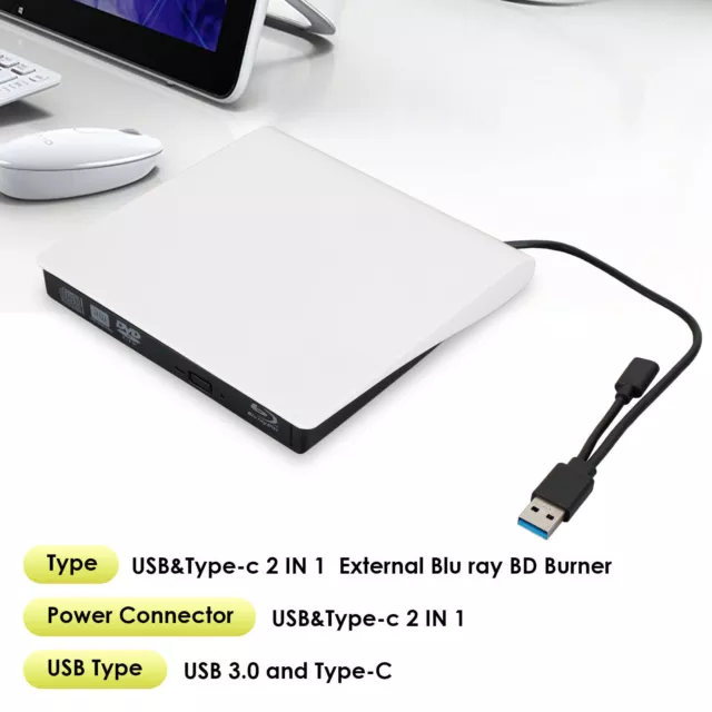 USB&Type-c 2 IN 1 External Blu ray Disc Writer + Reader BD CD DVD Drive USB 3.0