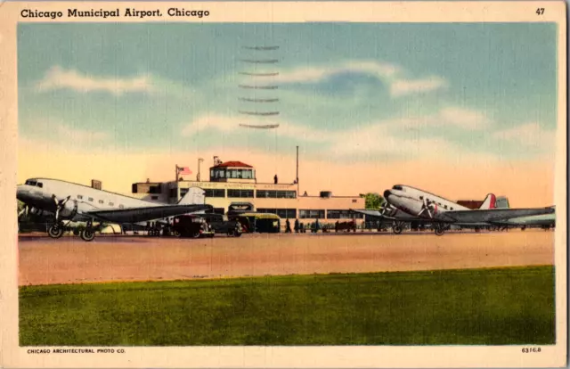 Chicago Municipal Airport Chicago Illinois Linen 1940s Postcard Runway Posted