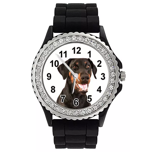 Doberman Pinscher Dog Crystal Mens Ladies Jelly Silicone Band Wrist Watch SG273P