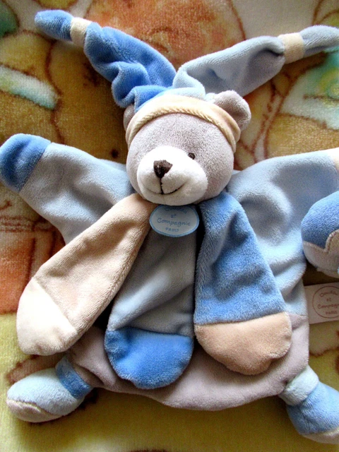 doudou et compagnie plat ours marionnette bleu beige ttbon état