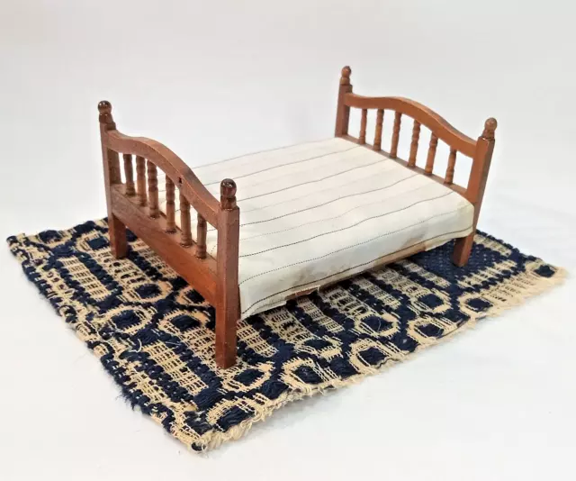 Vintage DOLLHOUSE Wood Bedroom Bed with antique jacquard fabric piece