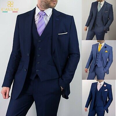 Mens Cavani Navy Blue Formal Wedding Work Tailored Slim Fit Lined 3 Piece Suit