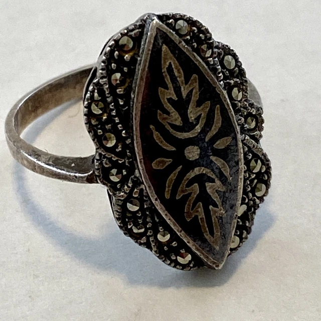 VTG Art Deco Niello Marcasite 925 Silver Ring BOHO Gothic Victorian Style SZ 7.5