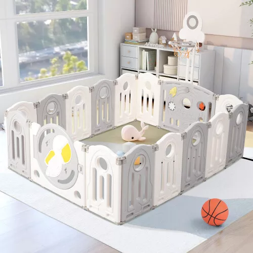 Foldable Baby Playpen with Activity Panel and Basketball Hoop 16 Panels Grey ZE
