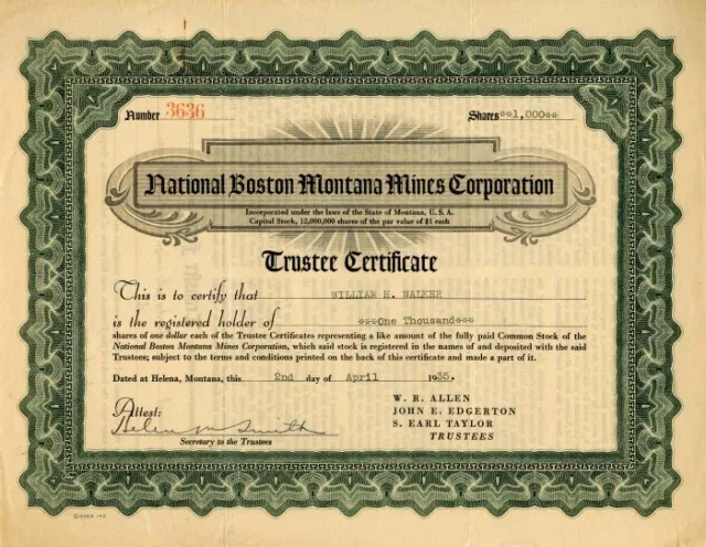 National Boston Montana Mines Corporation - Stock Certificate - Mining Stocks