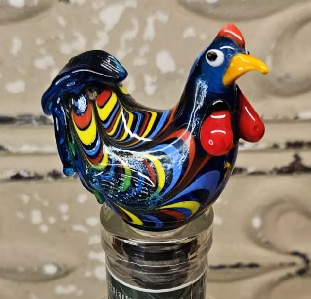 Beautiful Vibrant Blown Art Glass Rooster Wine Bottle Stopper (read)