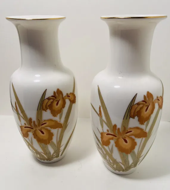 Vintage Pair Of Iris Otagiri Japan Vase Ivory with Gold Trim 11” Floral