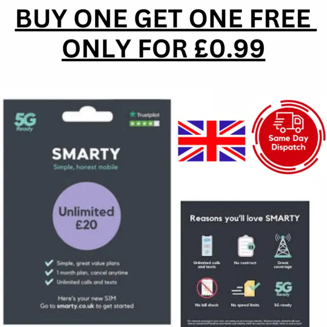 New Official £20.00 Smarty Pay As You Go Sim Card Unlimited Data ,Text ,Minutes