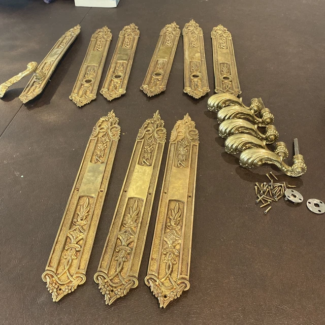 Vintage Ornate Victorian Door Back Plates and door knob Matching Lot 16” T LARGE