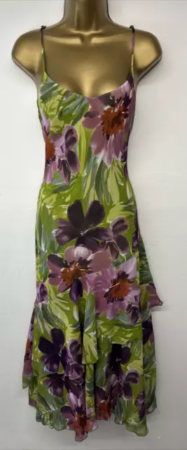 Per Una Dress Purple Green Floral Print Strappy Chiffon Y2k Bias Midi Slip UK 12