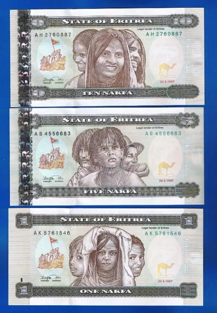 ERITREA - 3 x BANKNOTEN  1 Nakfa / 10 Nakfa  1997  P-1 2 3  UNC / UNZ  SET