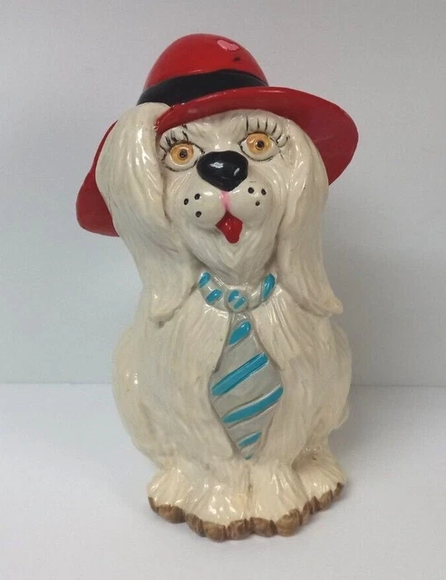 Vintage Cocker Spaniel Dog Plastic Coin Bank 1983 Small World Importing Red Hat