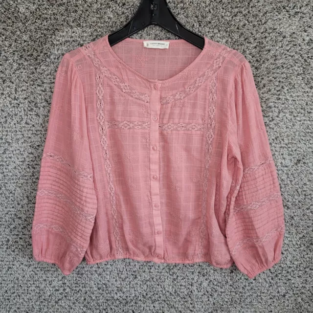 Lucky Brand Top Womens Small Pink Button Up Boho Embroidered Casual Ladies