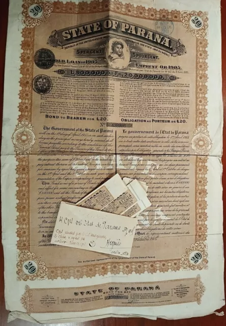 Brazilian 1905 State Parana 20 Sterling Gold OR Coupons Talon Bond Loan Emprunt
