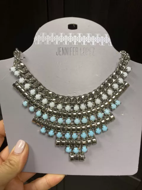 jennifer lopez silver tone/white/lt aqua bib statement necklace