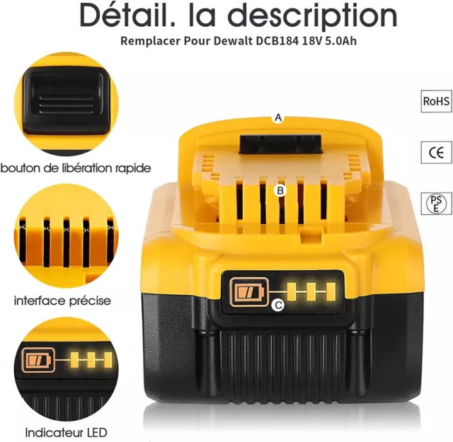 TenHutt18V 5,0Ah Batterie de Remplacement pour Batterie DCB184 DCB184B-XJ DCB180 3