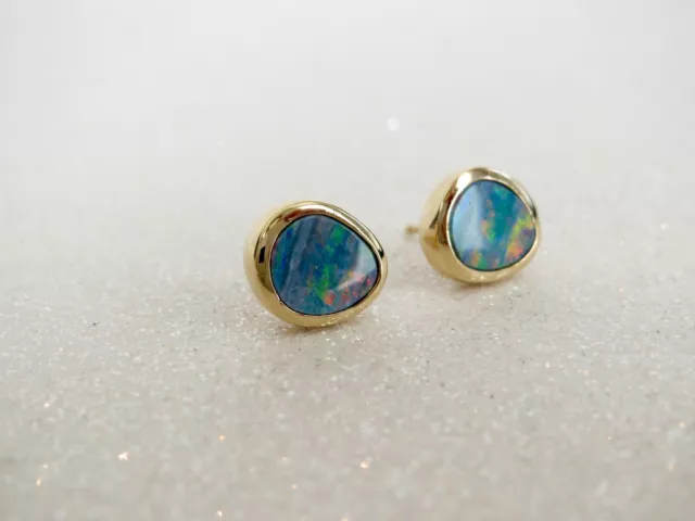 Beautiful, Classic & Simple 14K Yellow Gold Bezel Set OPAL STUD EARRINGS Lively!