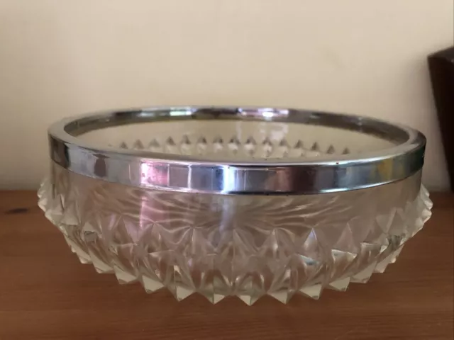 Vintage cut glass fruit trifle salad bowl 7cm with silver rim
