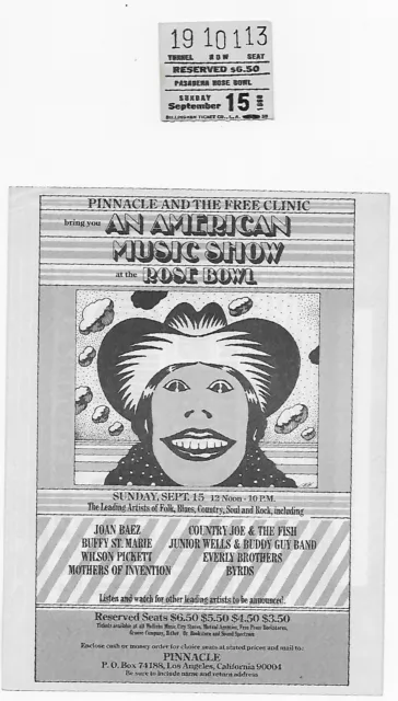 1968 handbill & Ticket for Joan Baez, Wilson Pickett, Byrds at the Rose Bowl