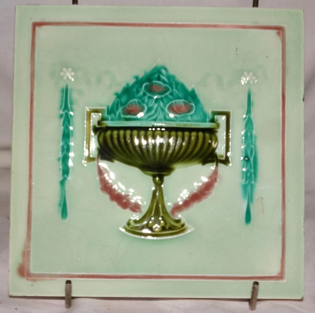 ANTIQUE MINTON ART NOUVEAU TUBLINE MAJOLICA TILE 6in x 6in, COLLECTIBLE c1890. 3