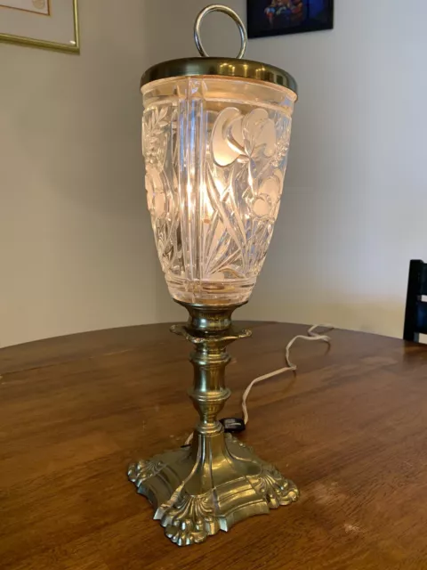 MCM Clear Cut Crystal Lidded Hurricane Table Lamp Brass Base 17.25" tall