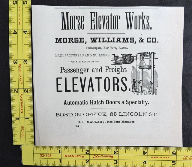 RARE 1891 Antique Ad – Morse Elevator Works Morse, Williams & Co Vtg