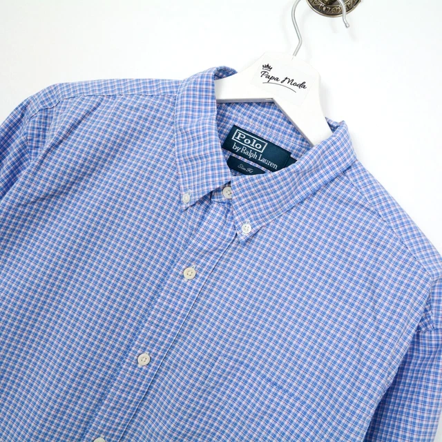 Polo Ralph Lauren uomo blu bianco casual a scacchi manica lunga aderente taglia L