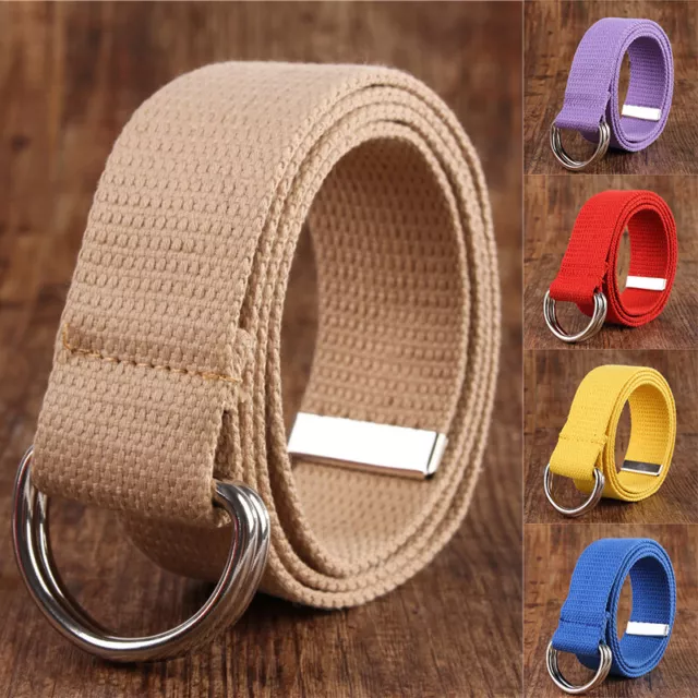 Canvas Web D Ring Belt Silver Buckle Military Style for Men & Women