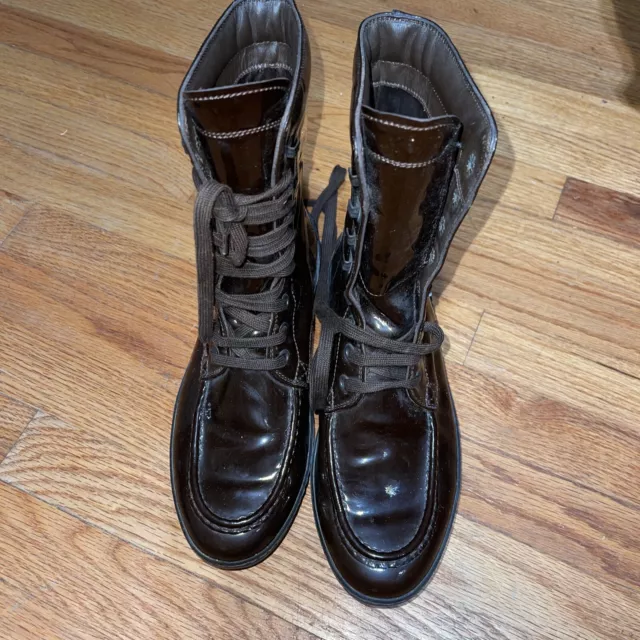 TOD'S Dark Brown Patent Leather Lace Up Combat Boots 7.5  37.5 EUC