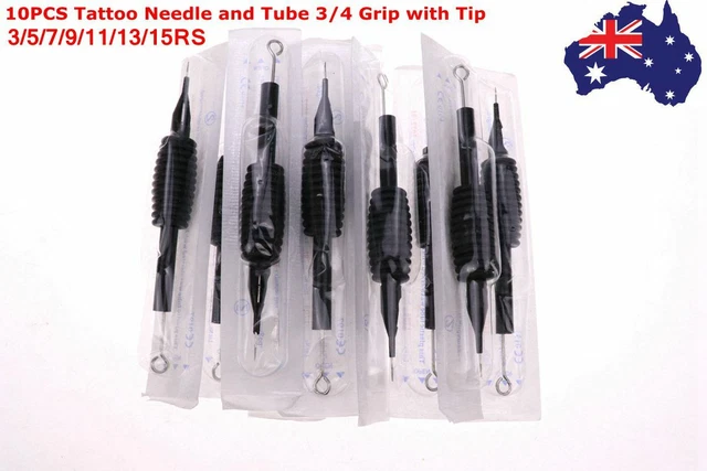 10 x New Sterile Disposable Tattoo Needle and Tube 3/4 Grip with Tip RS AU