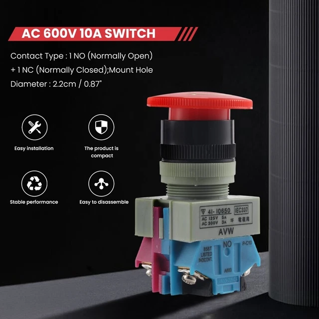 Bouton D'arrêt D'urgence à Champignon Avec Station De Réinitialisation - 10A 660V, Contact 1NO+1NC, Couleur Jaune/rouge/noir