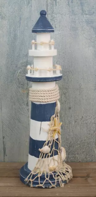 Deko Holz Leuchtturm 31,5cm Blau Weiß Seestern 2 Fische maritime Deko (CP) 2