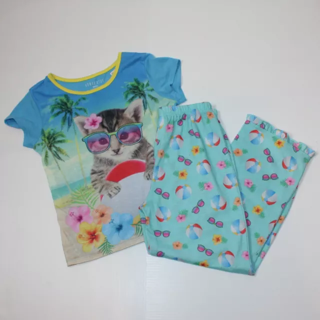 Komar Kids Girl's Cat Graphic & Summer Print Sleepwear Pajama PJs Set size 7-8