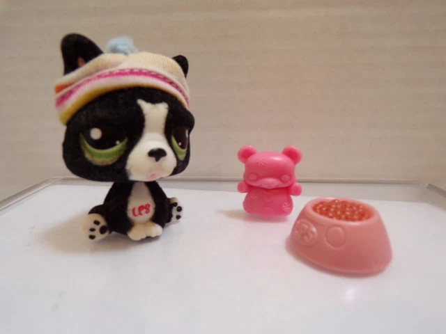 Littlest Pet Shop~#978~French Bulldog~Black White Flocked Fuzzy~Green Dot Eyes