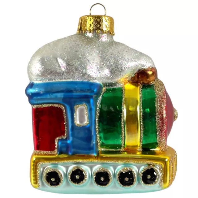 Train Engine LOCOMOTIVE Snow-covered Green Red Blue Glass Christmas Ornament